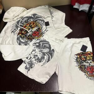 Ed Hardy off White tiger graphic hoodie with matching shorts, both XL